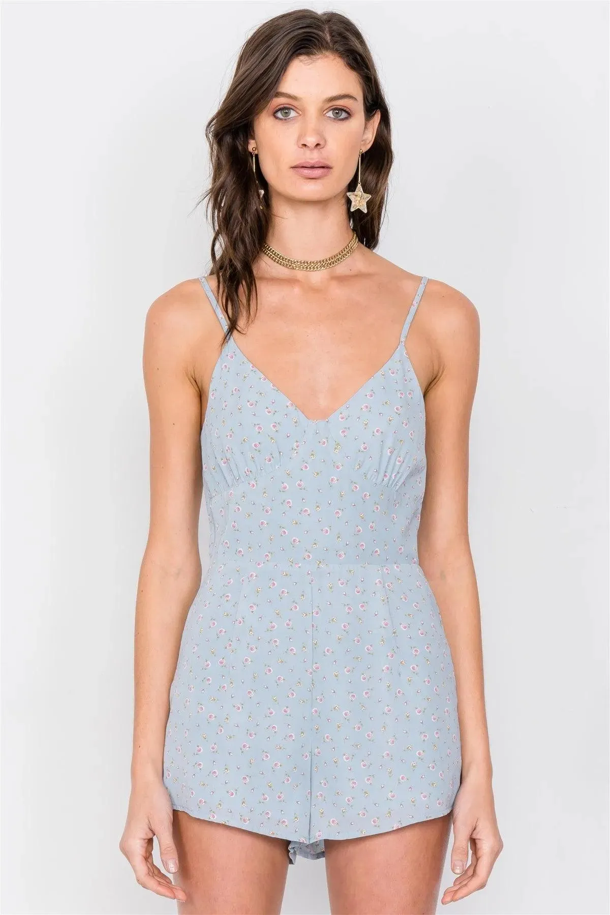 Sky Blue Boho Floral Mini Chic Casual Romper /2-1-1