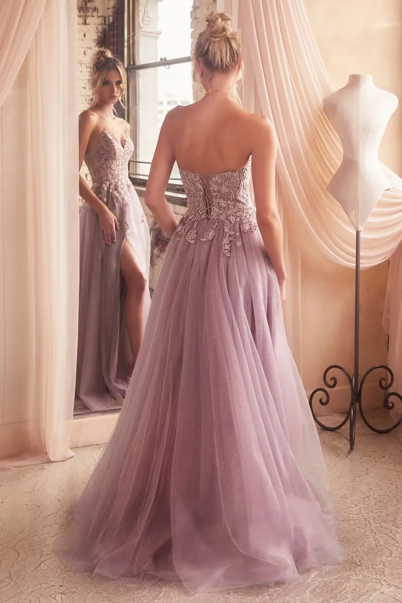 STRAPLESS A-LINE LACE & TULLE DRESS CDC148