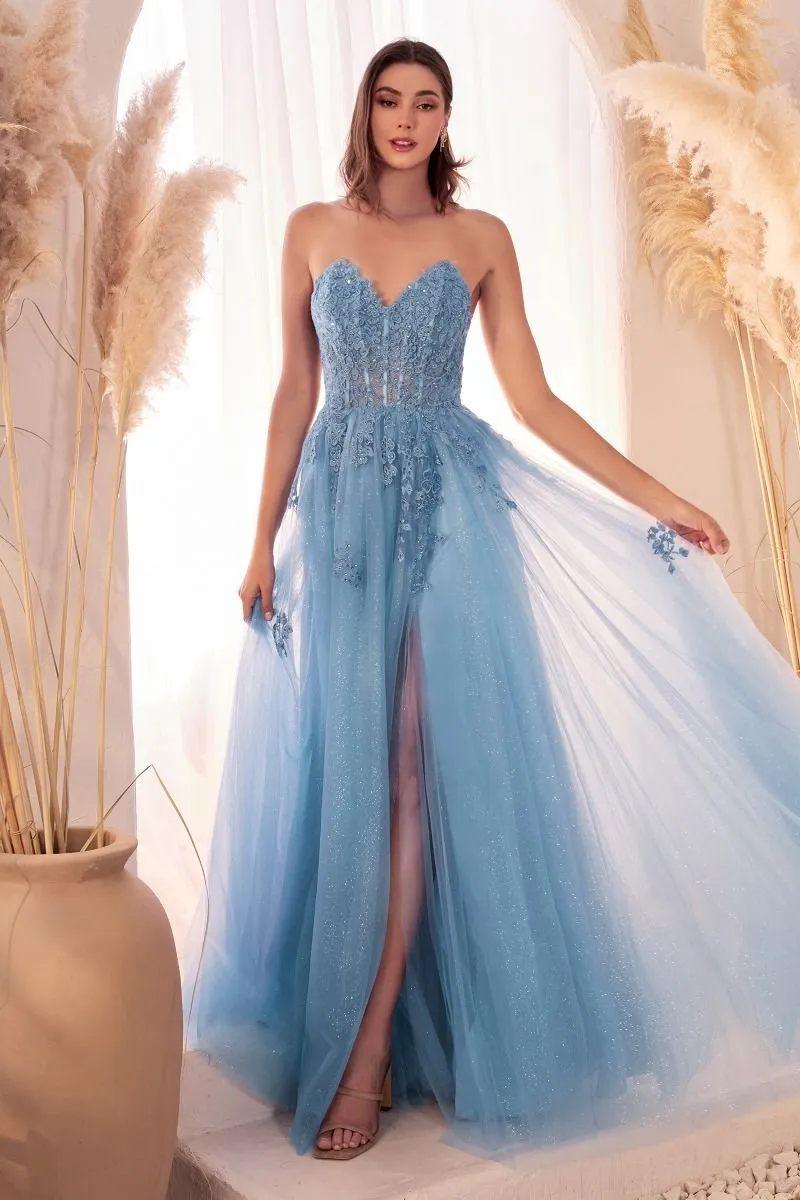 STRAPLESS A-LINE LACE & TULLE DRESS CDC148