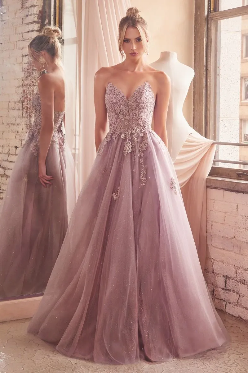STRAPLESS A-LINE LACE & TULLE DRESS CDC148