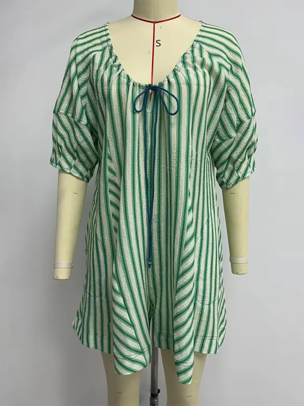 TEEK - Short-Sleeved Striped Deep V Wide-Leg Short Romper