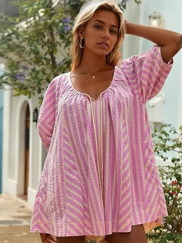 TEEK - Short-Sleeved Striped Deep V Wide-Leg Short Romper