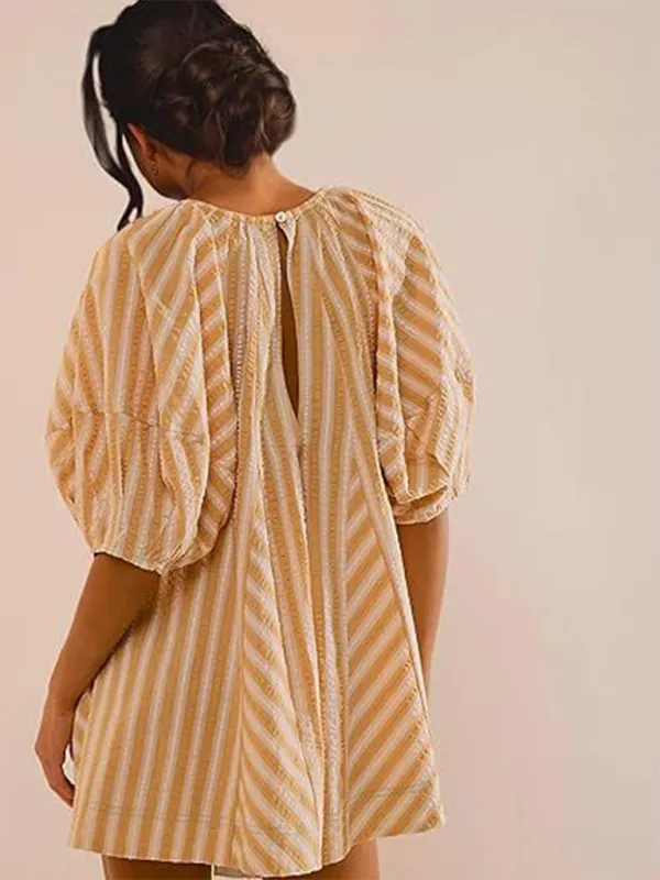 TEEK - Short-Sleeved Striped Deep V Wide-Leg Short Romper