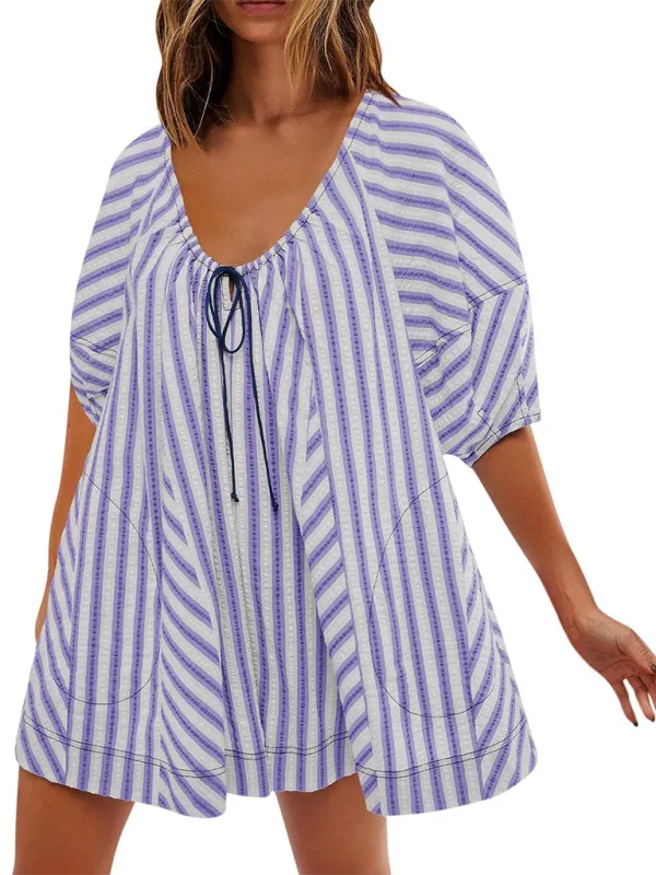 TEEK - Short-Sleeved Striped Deep V Wide-Leg Short Romper