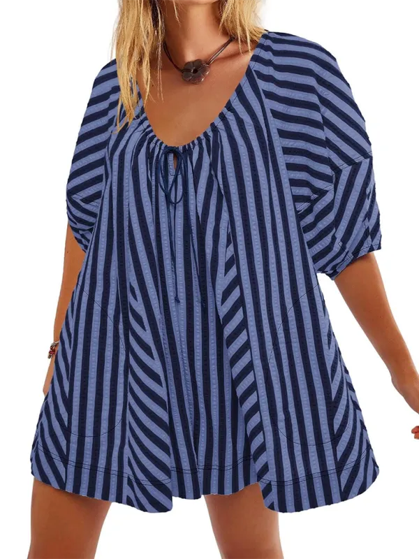 TEEK - Short-Sleeved Striped Deep V Wide-Leg Short Romper