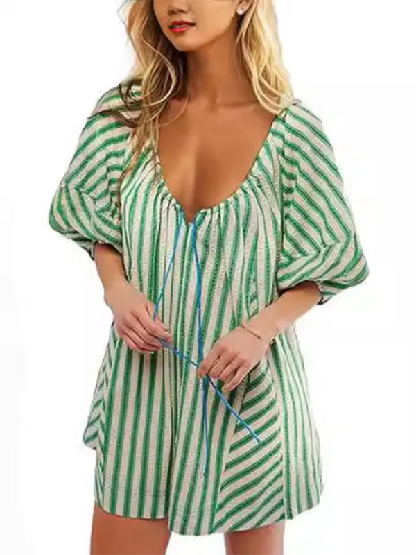TEEK - Short-Sleeved Striped Deep V Wide-Leg Short Romper