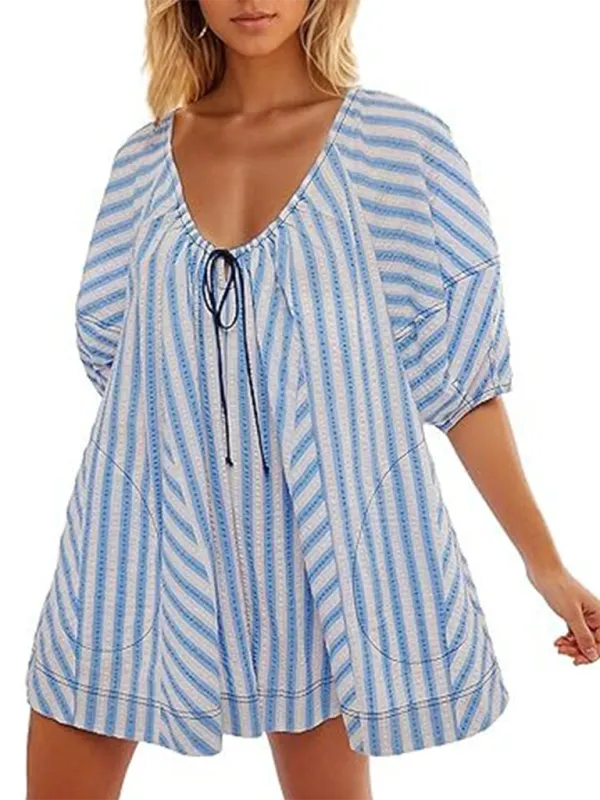 TEEK - Short-Sleeved Striped Deep V Wide-Leg Short Romper
