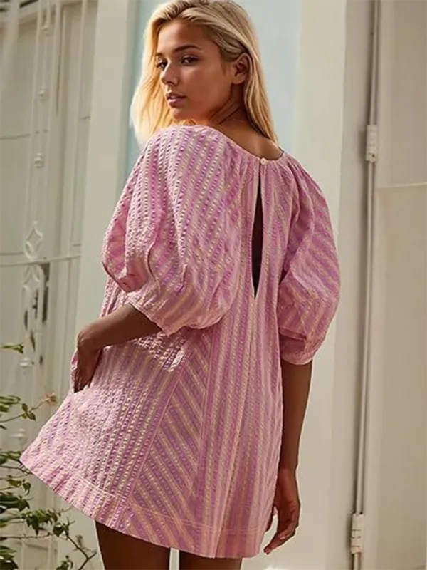 TEEK - Short-Sleeved Striped Deep V Wide-Leg Short Romper
