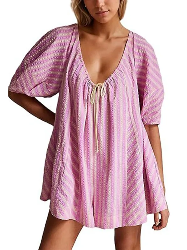 TEEK - Short-Sleeved Striped Deep V Wide-Leg Short Romper