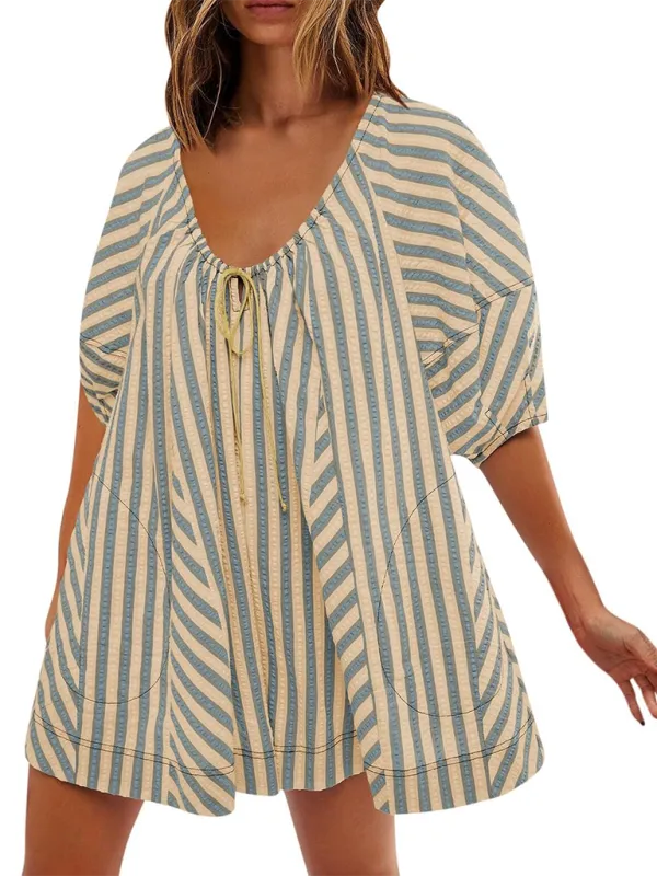TEEK - Short-Sleeved Striped Deep V Wide-Leg Short Romper