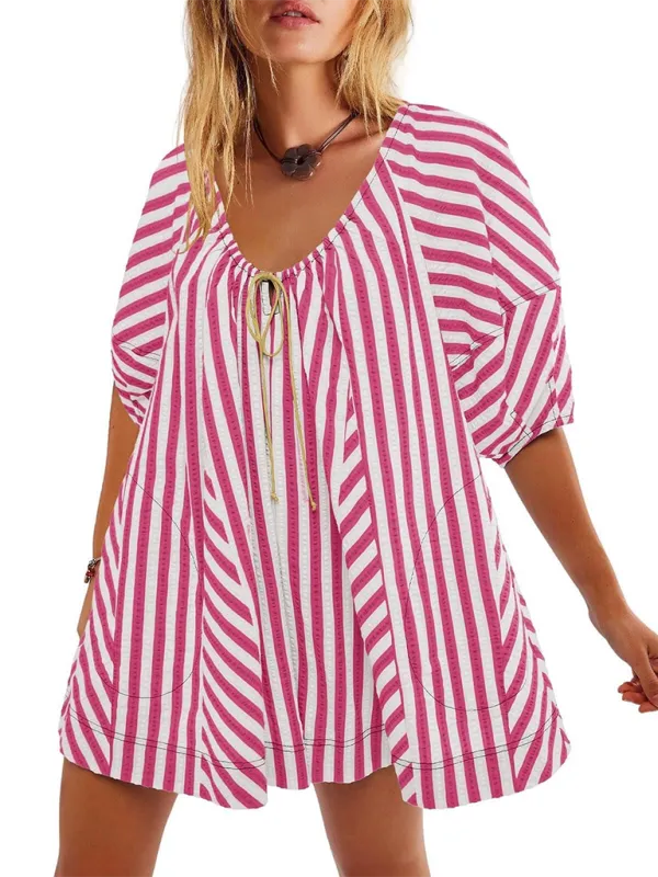 TEEK - Short-Sleeved Striped Deep V Wide-Leg Short Romper