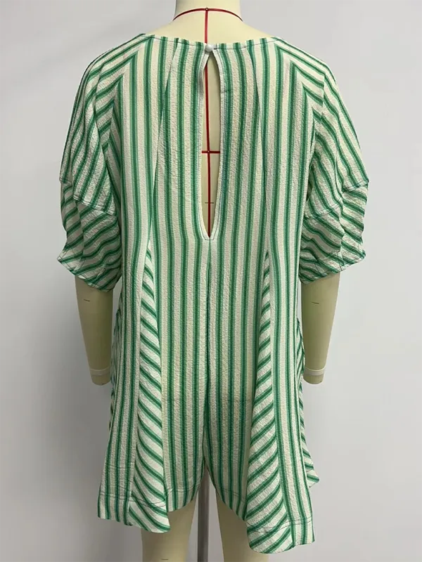TEEK - Short-Sleeved Striped Deep V Wide-Leg Short Romper