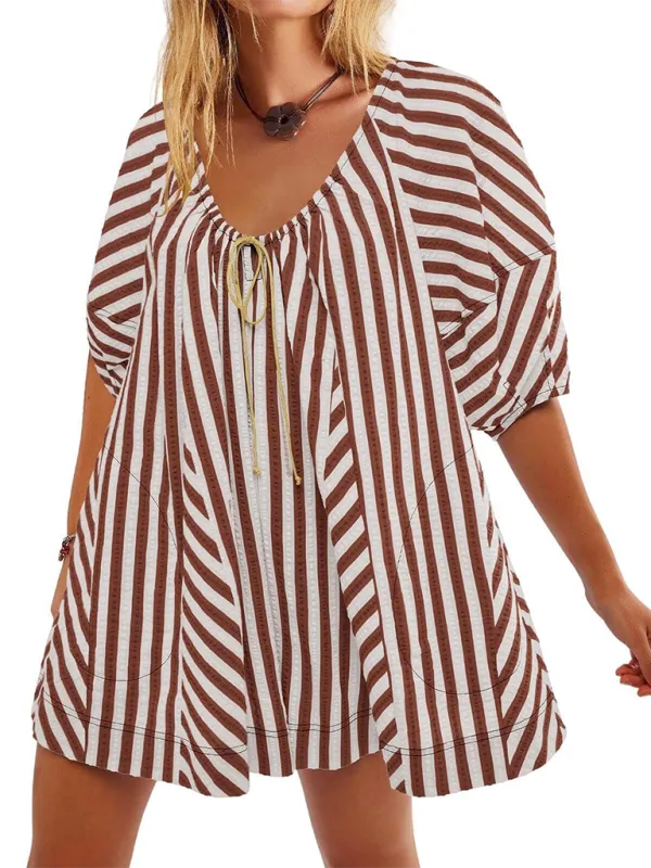 TEEK - Short-Sleeved Striped Deep V Wide-Leg Short Romper
