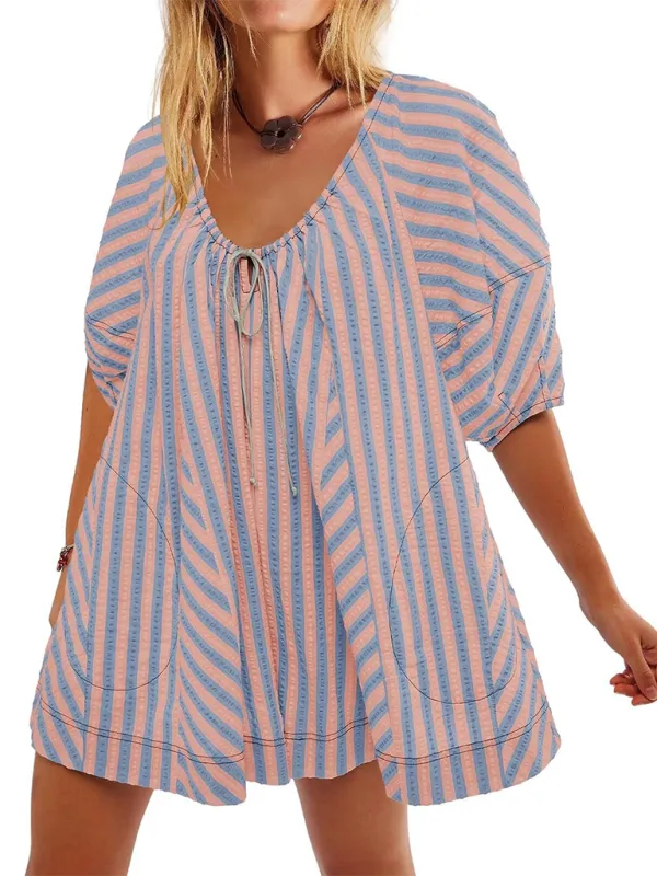 TEEK - Short-Sleeved Striped Deep V Wide-Leg Short Romper