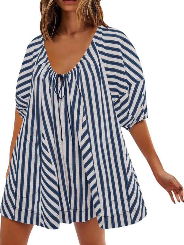 TEEK - Short-Sleeved Striped Deep V Wide-Leg Short Romper