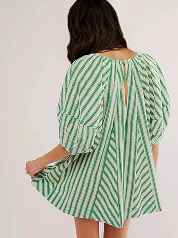 TEEK - Short-Sleeved Striped Deep V Wide-Leg Short Romper