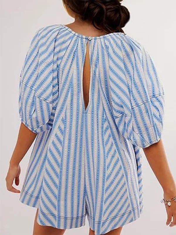 TEEK - Short-Sleeved Striped Deep V Wide-Leg Short Romper