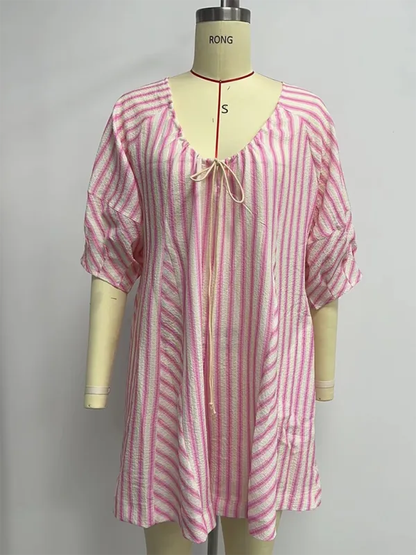 TEEK - Short-Sleeved Striped Deep V Wide-Leg Short Romper
