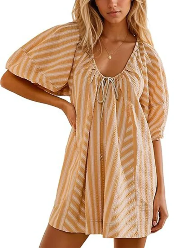 TEEK - Short-Sleeved Striped Deep V Wide-Leg Short Romper