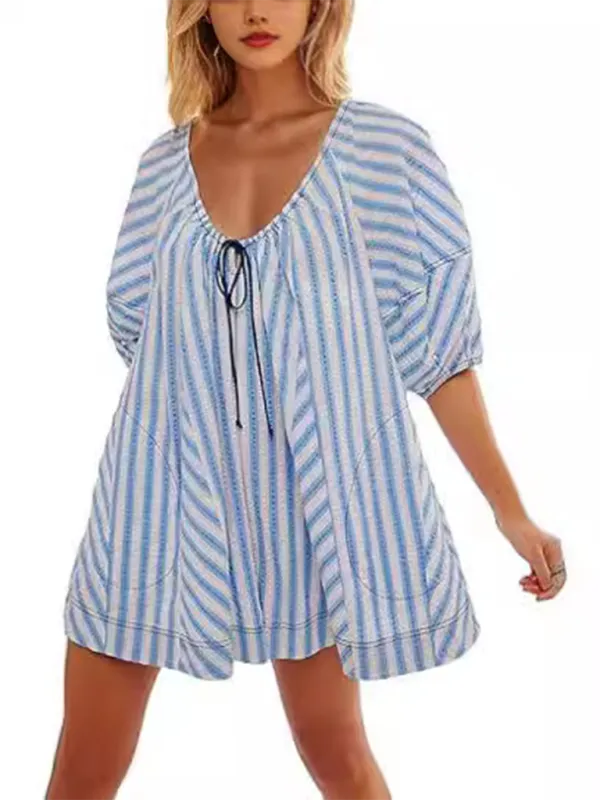 TEEK - Short-Sleeved Striped Deep V Wide-Leg Short Romper
