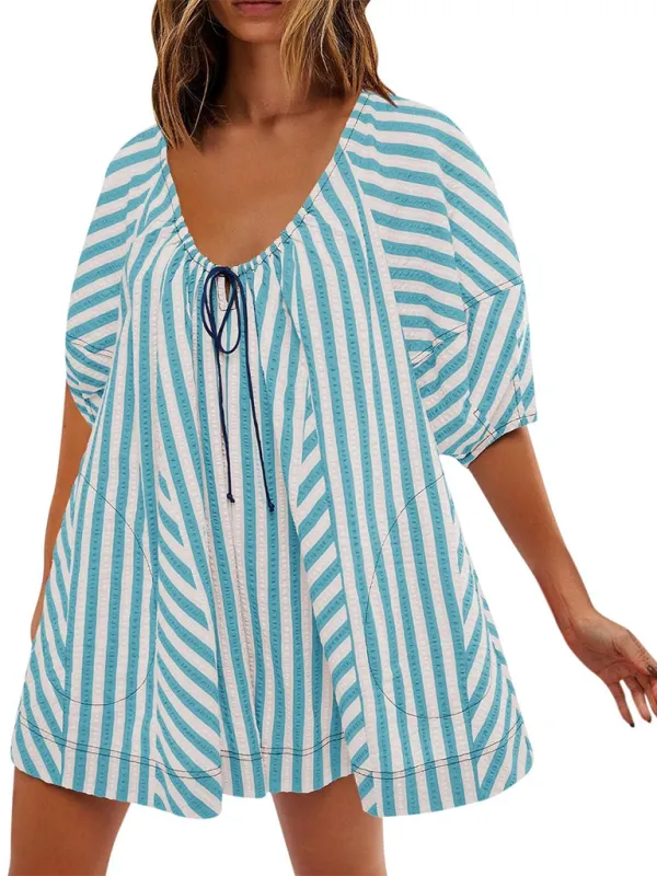 TEEK - Short-Sleeved Striped Deep V Wide-Leg Short Romper