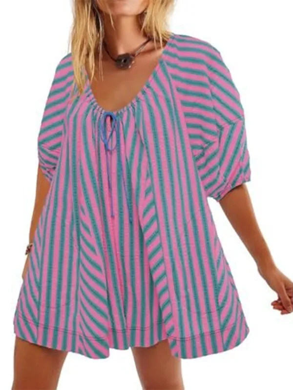 TEEK - Short-Sleeved Striped Deep V Wide-Leg Short Romper