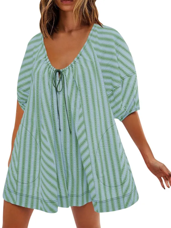 TEEK - Short-Sleeved Striped Deep V Wide-Leg Short Romper