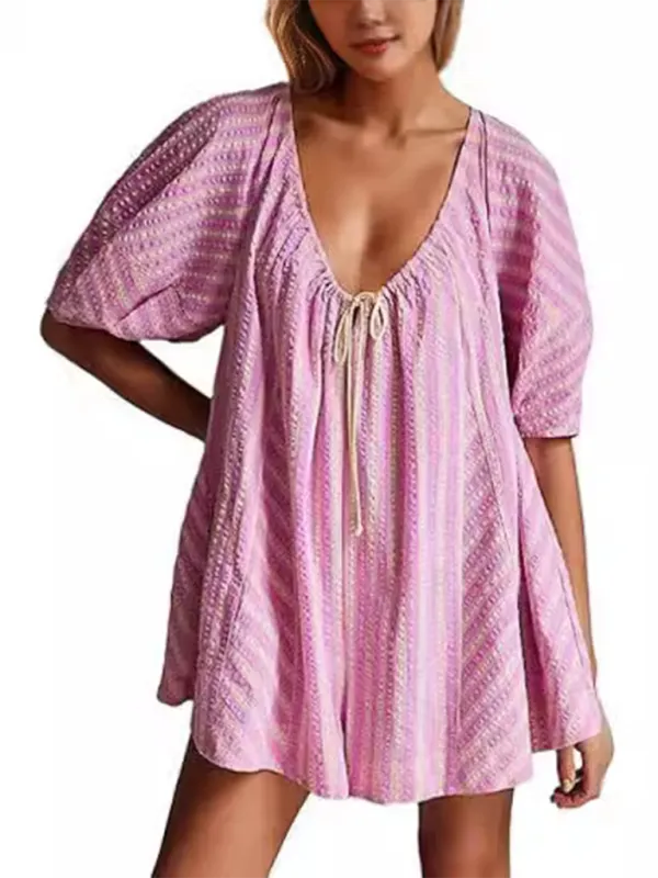 TEEK - Short-Sleeved Striped Deep V Wide-Leg Short Romper