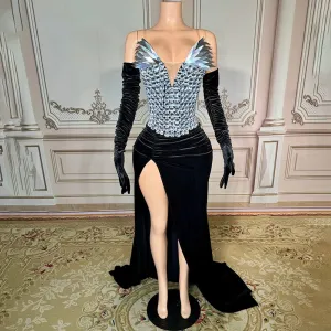 Trend4us Women's Glamorous Crystal Embellished Velvet High-Slit Gown