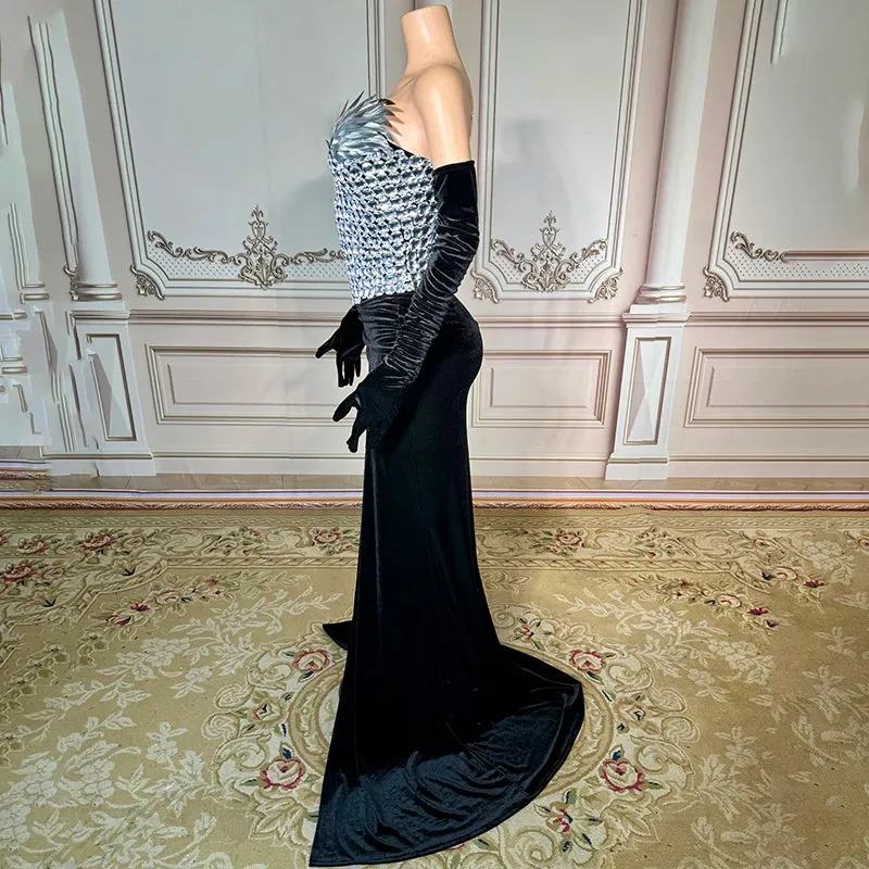 Trend4us Women's Glamorous Crystal Embellished Velvet High-Slit Gown