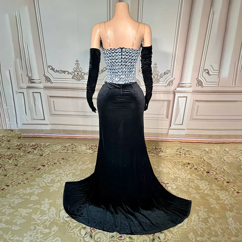 Trend4us Women's Glamorous Crystal Embellished Velvet High-Slit Gown