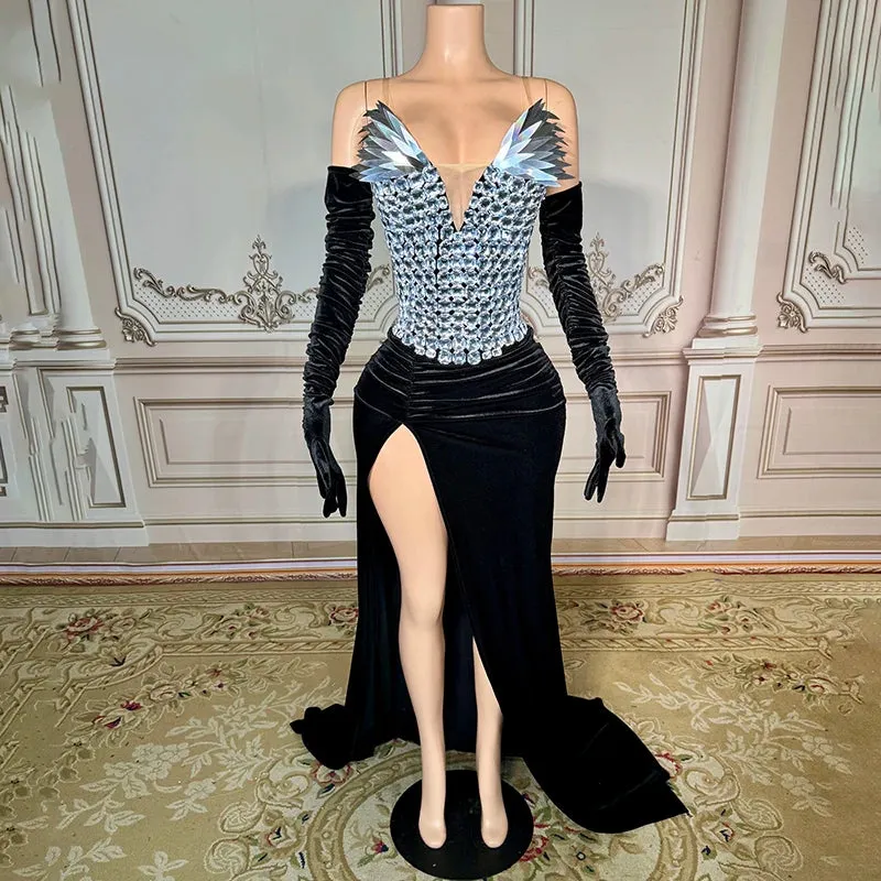 Trend4us Women's Glamorous Crystal Embellished Velvet High-Slit Gown