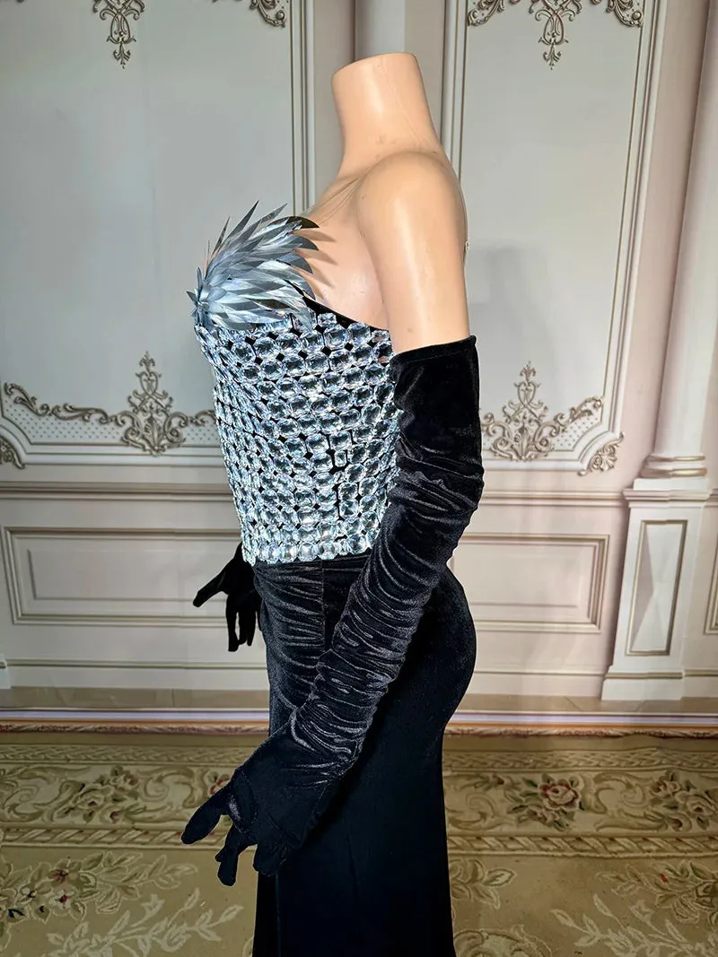 Trend4us Women's Glamorous Crystal Embellished Velvet High-Slit Gown
