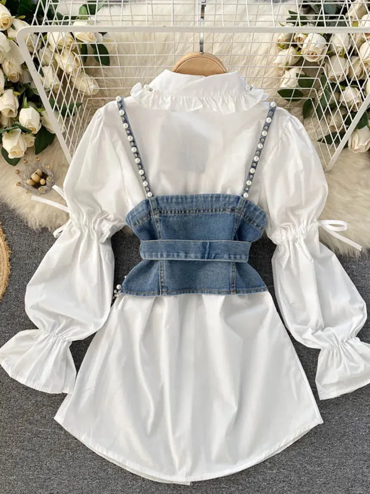 Two in One🤎 Puff Long Sleeve Tassel Pearl Top and Sling Waistcoat Shirt