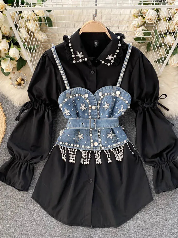Two in One🤎 Puff Long Sleeve Tassel Pearl Top and Sling Waistcoat Shirt