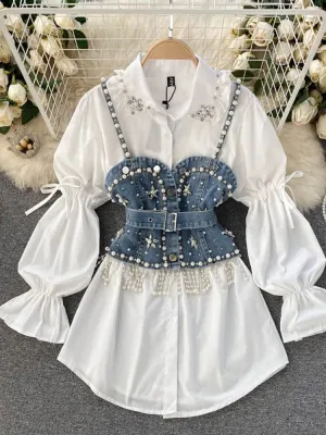 Two in One🤎 Puff Long Sleeve Tassel Pearl Top and Sling Waistcoat Shirt