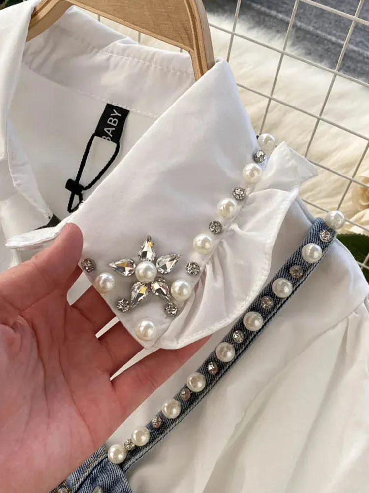 Two in One🤎 Puff Long Sleeve Tassel Pearl Top and Sling Waistcoat Shirt