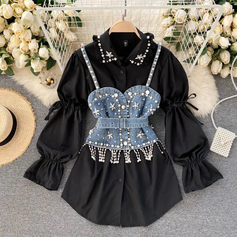 Two in One🤎 Puff Long Sleeve Tassel Pearl Top and Sling Waistcoat Shirt