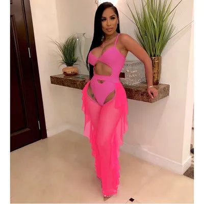 Upopby Translucent Solid Ruffled One-Piece swimsuit