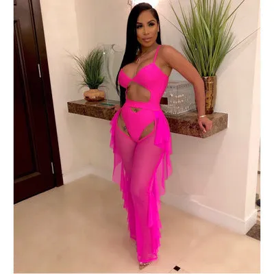 Upopby Translucent Solid Ruffled One-Piece swimsuit