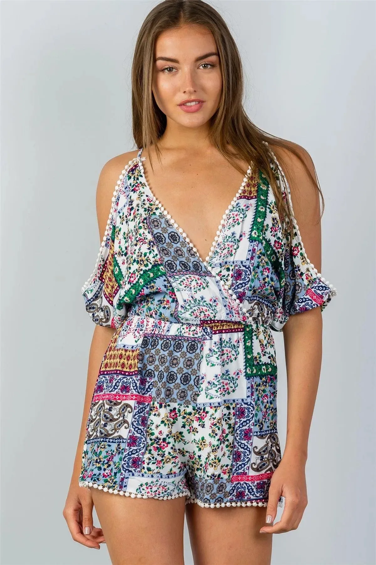 White & Floral Cold Shoulder Pompom Detail Romper /2-2-2