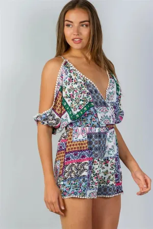 White & Floral Cold Shoulder Pompom Detail Romper /2-2-2