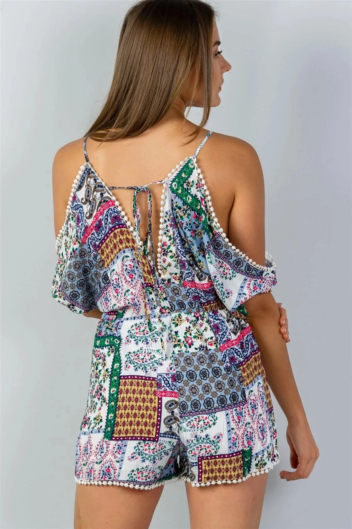 White & Floral Cold Shoulder Pompom Detail Romper /2-2-2