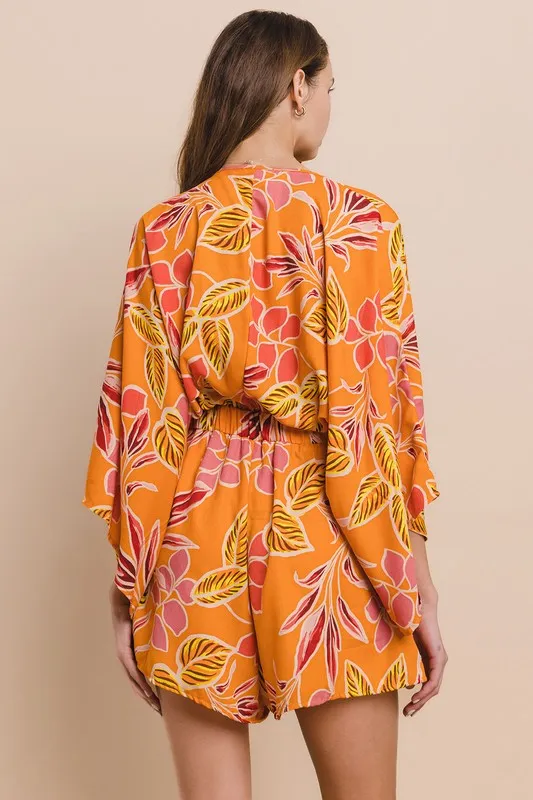 Wisteria Lane Deep V Batwing Sleeve Romper -  Orange