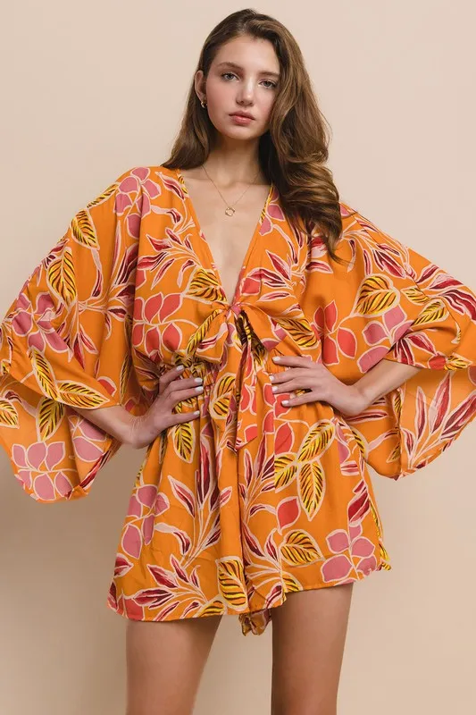 Wisteria Lane Deep V Batwing Sleeve Romper -  Orange