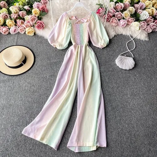 Women Rainbow Gradient Jumpsuit Square Collar High Waist Romper
