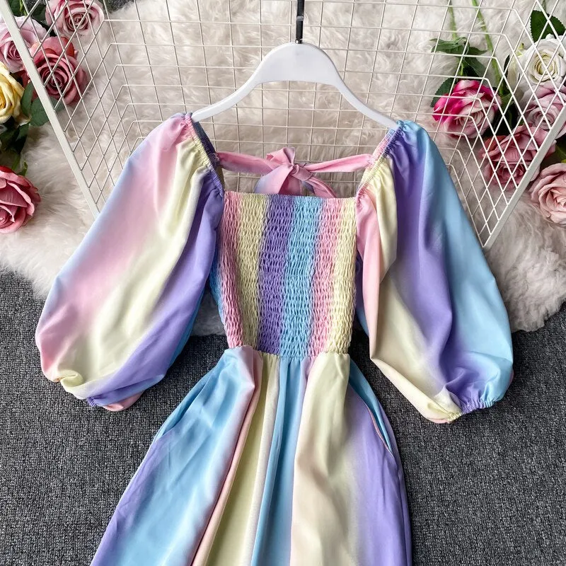 Women Rainbow Gradient Jumpsuit Square Collar High Waist Romper