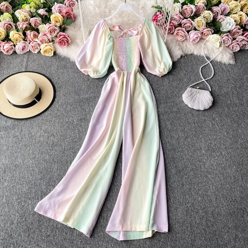 Women Rainbow Gradient Jumpsuit Square Collar High Waist Romper
