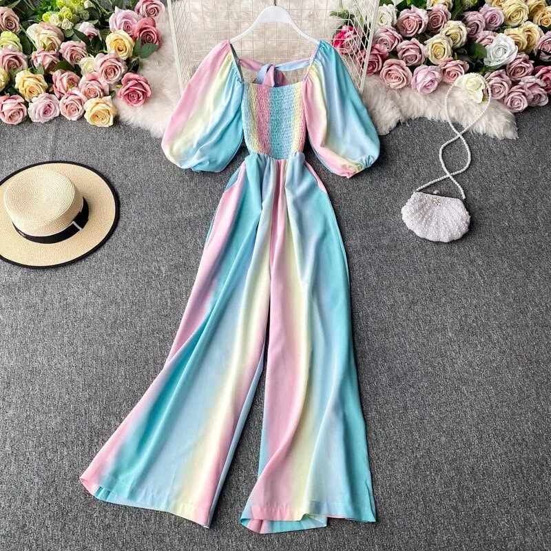 Women Rainbow Gradient Jumpsuit Square Collar High Waist Romper