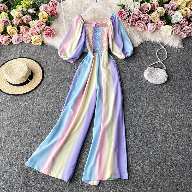 Women Rainbow Gradient Jumpsuit Square Collar High Waist Romper
